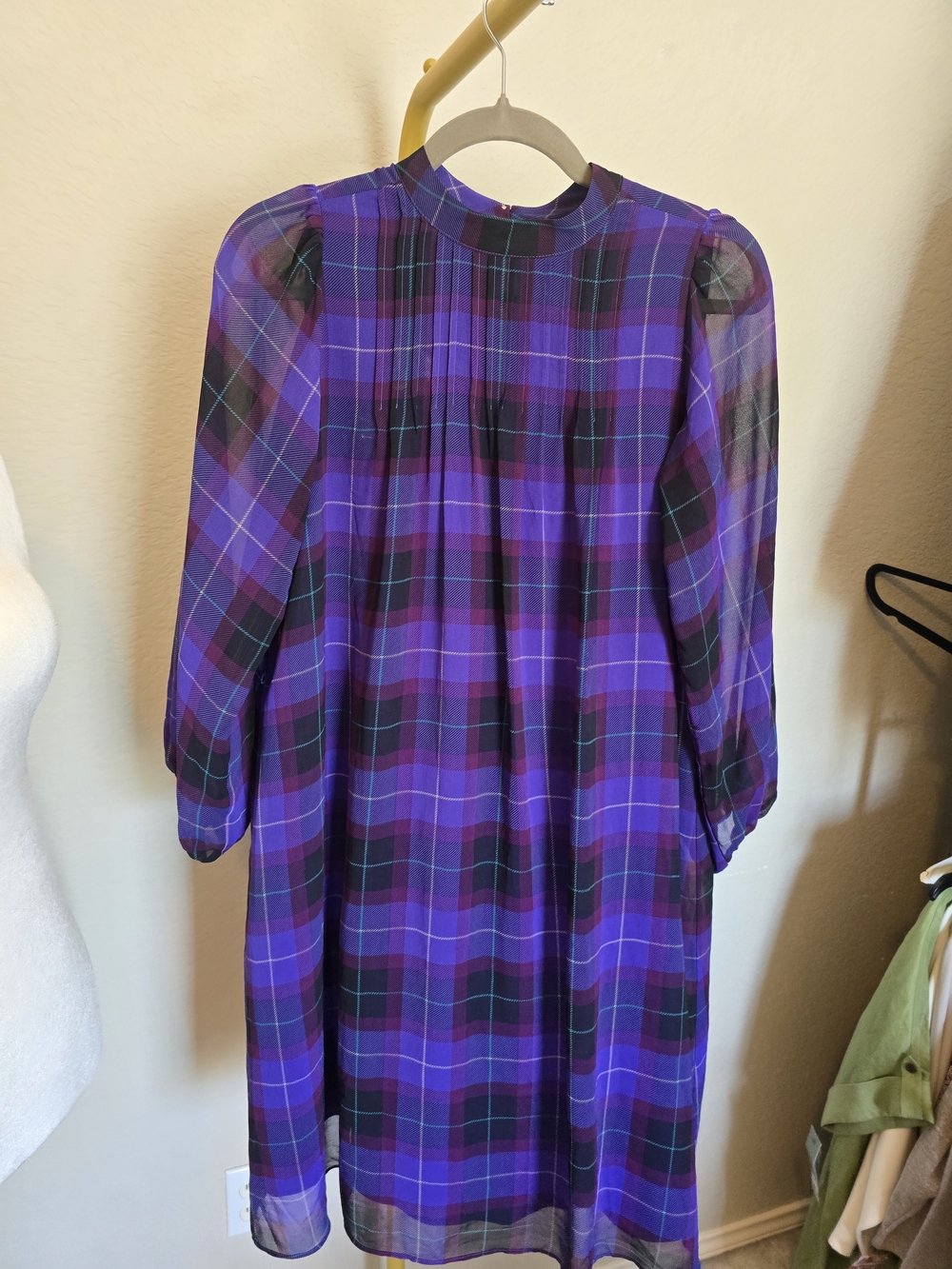 Ann Taylor Purple Plaid Dress with Puff Sleeves